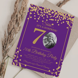 Überraschungsfoto 70. Geburtstag Gold Glitter Lila Einladung