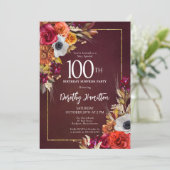 ÜBERRASCHUNGSPARTY 100. Burgunder Herbstblumen Einladung (Stehend Vorderseite)