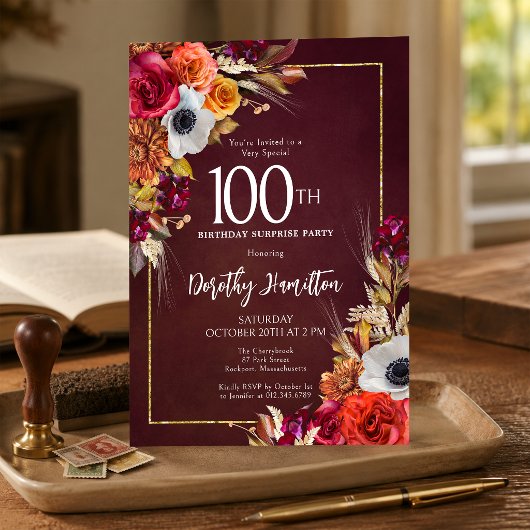ÜBERRASCHUNGSPARTY 100. Burgunder Herbstblumen Einladung