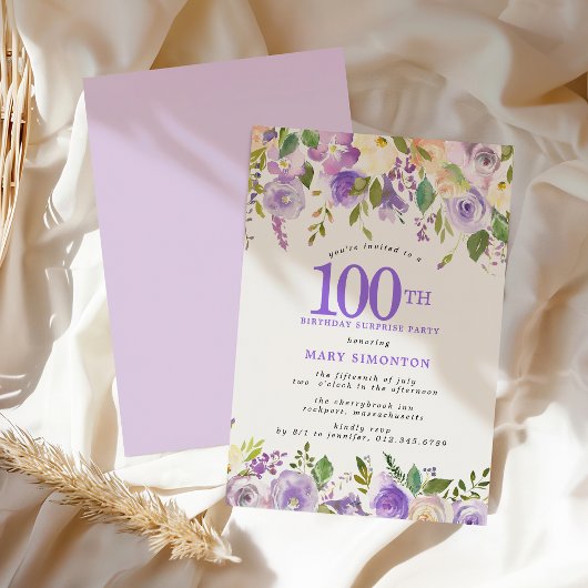 ÜBERRASCHUNGSPARTY 100. Geburtstag Hübsche lila Fl Einladung
