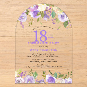 ÜBERRASCHUNGSPARTY 18. Geburtstag Lila Blumen Klar Acryleinladungen