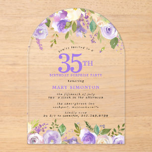 ÜBERRASCHUNGSPARTY 35. Geburtstag Lila Blumen Klar Acryleinladungen