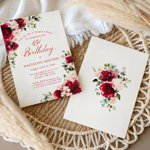 Überraschungsparty 45. Geburtstag Rot Pink Floral Einladung