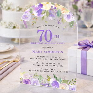 ÜBERRASCHUNGSPARTY 70. Geburtstag Lila Blumen Klar Acryleinladungen