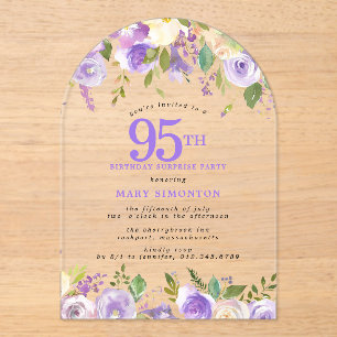 ÜBERRASCHUNGSPARTY 95. Geburtstag Lila Blumen Klar Acryleinladungen
