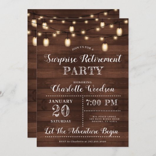 Überraschungsruhestand rustikale Holz-String-Licht Einladung (Vorne/Hinten)