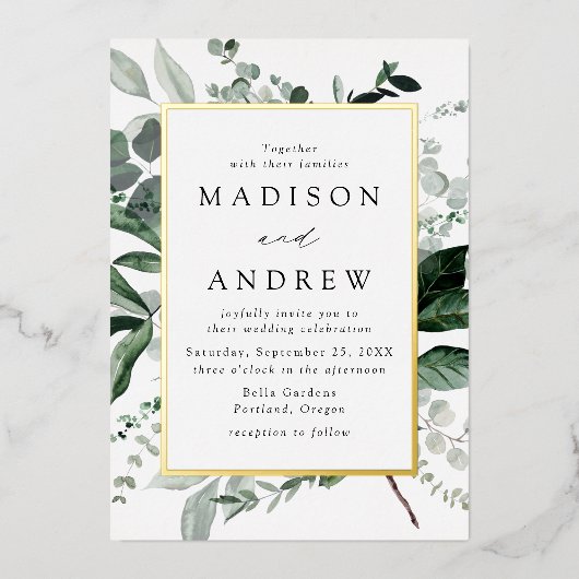 Überreichliche Greenery Gold Frame Wedding Folieneinladung (Vorderseite)