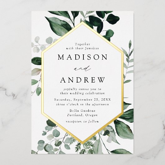 Überreichliche Greenery Gold Frame Wedding Folieneinladung (Vorderseite)