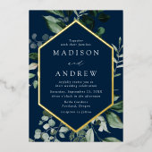 Überreichliche Hochzeit von Greenery Navy und Gold Folieneinladung (Vorderseite)