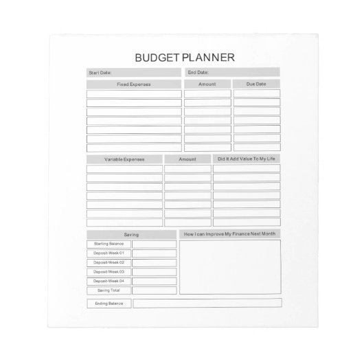 Übersicht über den Haushaltsplan Notizblock (Vorderseite)