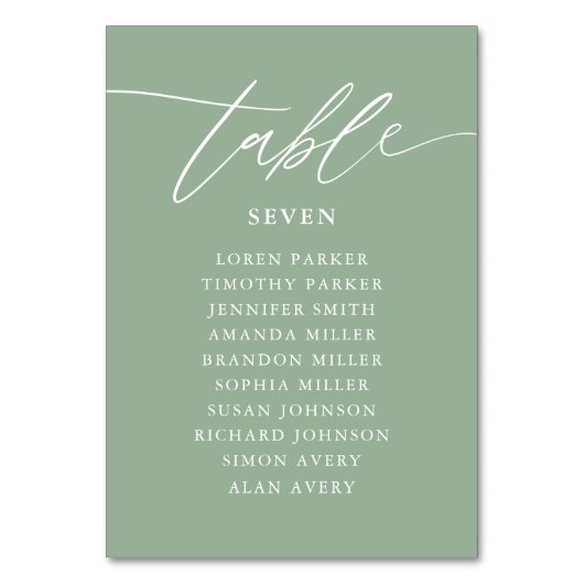 Übersicht über die Hochzeitssitze in der grünen Sc Tischnummer (Rückseite)