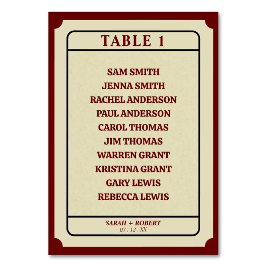 Übersicht über die Hochzeitstiege im Retro-Ticket Tischnummer (Vorderseite)