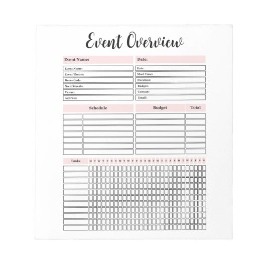 Übersicht zur Ereignisplanung Notizblock (Vorderseite)