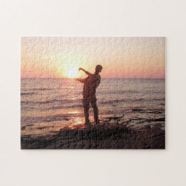 Überspringen von Steinen im Sonnenuntergang Puzzle