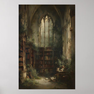 Überwachsene Bibliotheksruine mit Büchern und Efeu Poster
