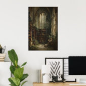 Überwachsene Bibliotheksruine mit Büchern und Efeu Poster (Heimbüro)
