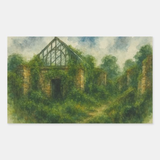 Überwuchertes Greenhouse in Ruins Aquarell Kunst, Rechteckiger Aufkleber (Vorderseite)