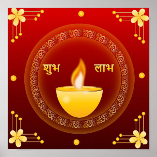 ubh Labh Diwali Golden Diya Rot Traditionell Poster