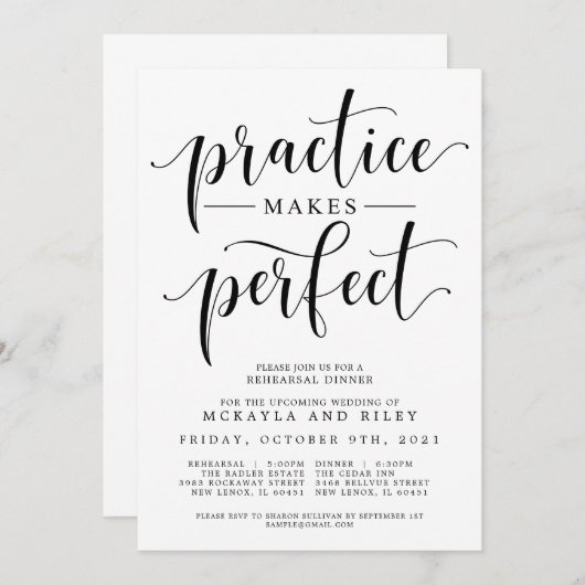 Übung macht perfekt Hochzeit Probe Dinner Einladung (Vorne/Hinten)