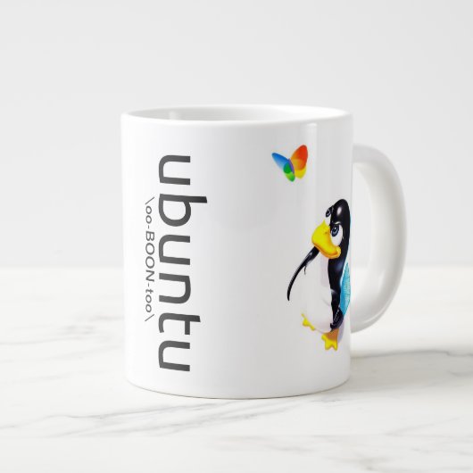 Ubuntu Tasse mit dem Tux, der Windows swatting ist (Vorderseite Rechts)