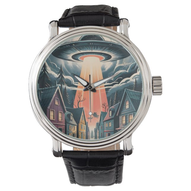 UFO Abduction Night Street Illustration Armbanduhr (Vorderseite)
