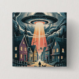 UFO Abduction Night Street Illustration Button