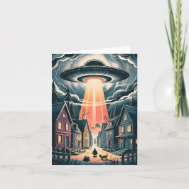 UFO Abduction Night Street Illustration Feiertagskarte