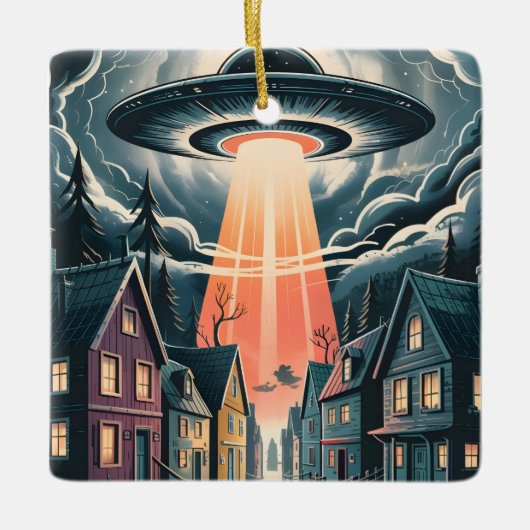 UFO Abduction Night Street Illustration Keramikornament (Vorderseite)