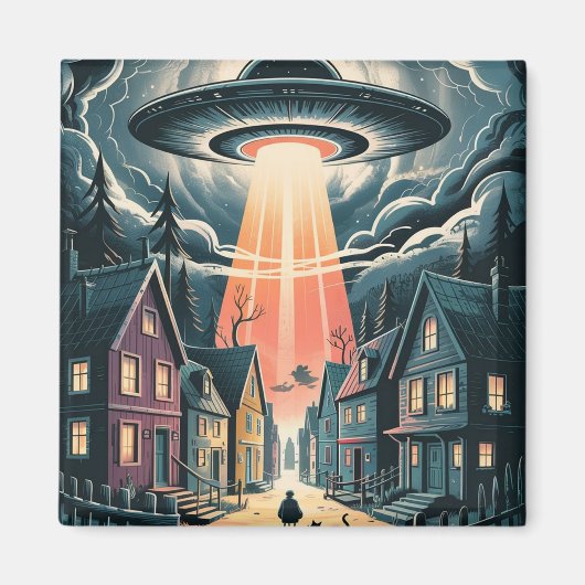 UFO Abduction Night Street Illustration Magnet (Vorne)