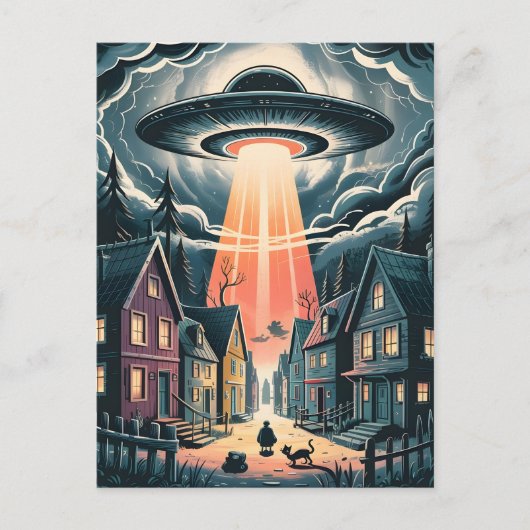 UFO Abduction Night Street Illustration Postkarte (Vorderseite)