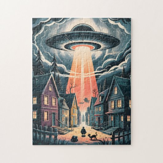 UFO Abduction Night Street Illustration Puzzle (Vertikal)