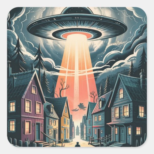 UFO Abduction Night Street Illustration Quadratischer Aufkleber (Vorderseite)
