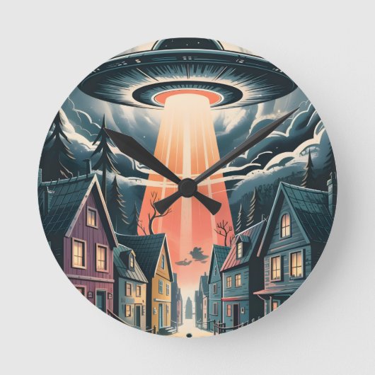 UFO Abduction Night Street Illustration Runde Wanduhr (Vorderseite)