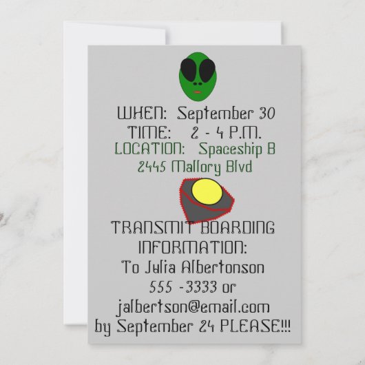 UFO - Alien Birthday Einladung (Rückseite)