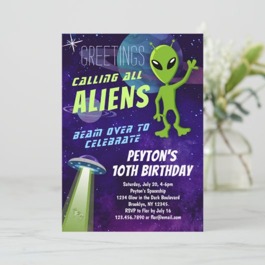 UFO Alien Party Geburtstag Einladung (Stehend Vorderseite)
