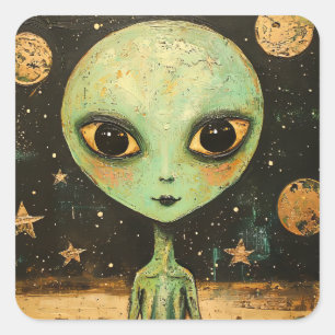 UFO-Alien Quadratischer Aufkleber