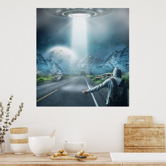 ufo Alien Raumschiff und Anhalter surreal Fantasie Poster (Küche)