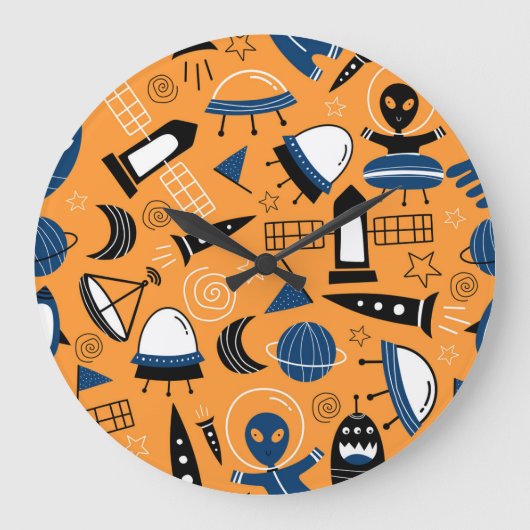 UFO-Alien, Raumschiffe, Kindermuster Große Wanduhr (Vorderseite)