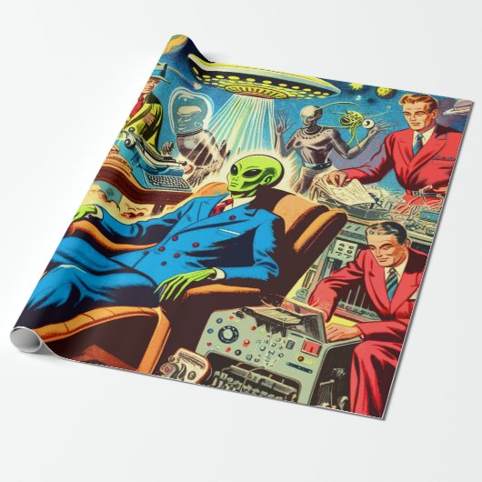 Ufo Alien Sci-fi Retro Comic Geschenkpapier (Ungerollt)