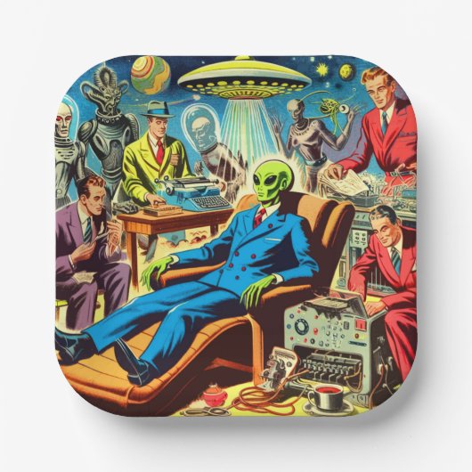 Ufo Alien Sci-fi Retro Comic Pappteller (Vorderseite)