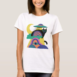 UFO Black Cat Mond Kunst T-Shirt