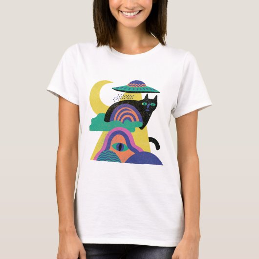 UFO Black Cat Mond Kunst T-Shirt (Vorderseite)