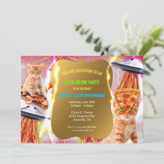 Ufo Cat Geburtstagsparty Einladung (Stehend Vorderseite)
