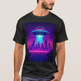 UFO Cityscape Poster - Neon Synthwave Alien T-Shirt