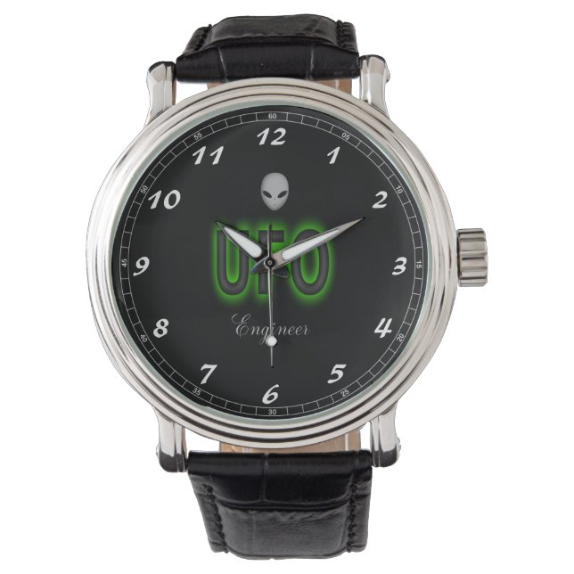 Ufo-Engineer für Vintages schwarzes Leder Armbanduhr (Vorderseite)
