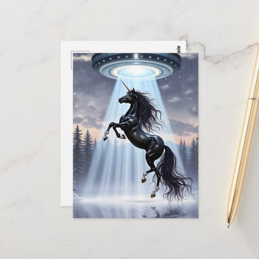 UFO-Entführung eines wunderschönen schwarzen Einho Postkarte (Vorderseite/Rückseite Beispiel)