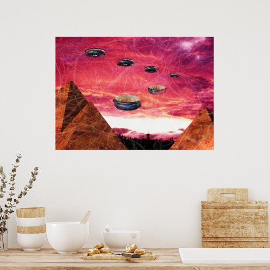 UFO fliegen über Alien-Pyramiden Poster (Küche)