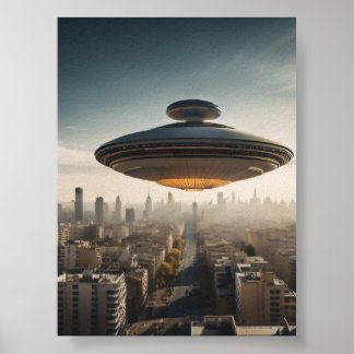 UFO fliegende Untertasse über der Stadt Poster