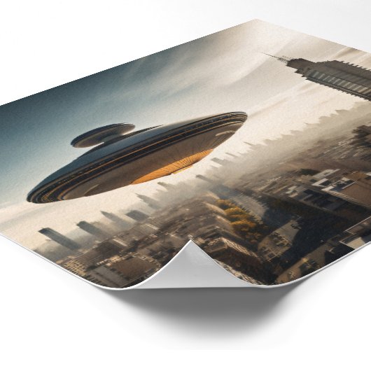 UFO fliegende Untertasse über der Stadt Poster (Ecke)