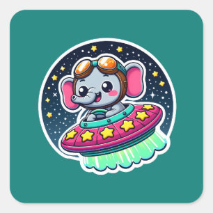 UFO Funny Elephant Quadratischer Aufkleber
